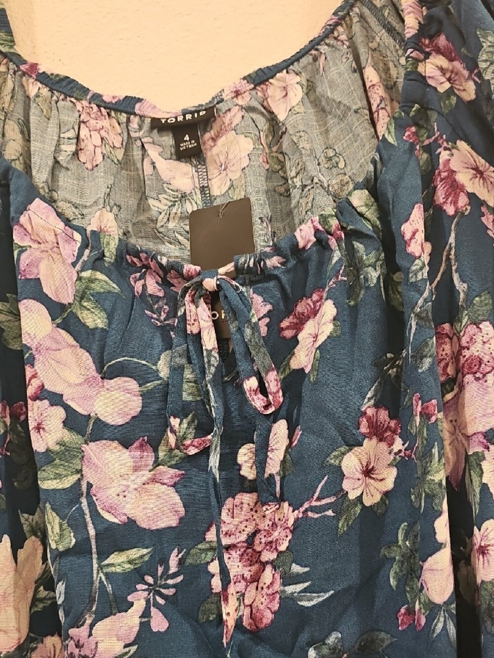 Women's Teal Floral Tie-Neck Blouse - Picture 2 of 7